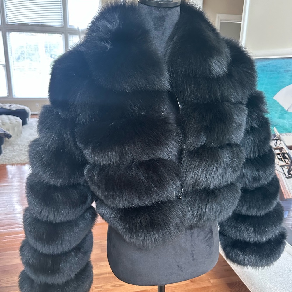 Black multi row Real Fox Fur Bomber